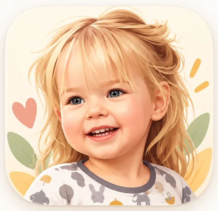 Das Gesicht der App: ein lachendes Kleinkind, gezeichnet, mit Herz und Blättern im Hintergrund